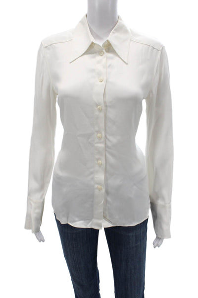 Zara Women Silk Collared White Button-Up Long Sleeve Basic Top Size M