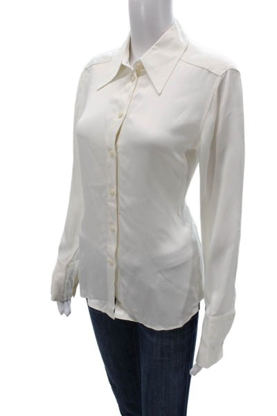 Zara Women Silk Collared White Button-Up Long Sleeve Basic Top Size M