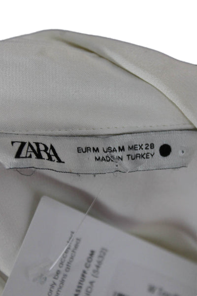 Zara Women Silk Collared White Button-Up Long Sleeve Basic Top Size M