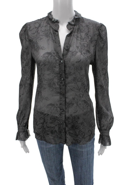 L'Agence Womens Floral Collared Button Long Sleeve Blouse Gray Polyester Size S