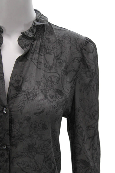 L'Agence Womens Floral Collared Button Long Sleeve Blouse Gray Polyester Size S