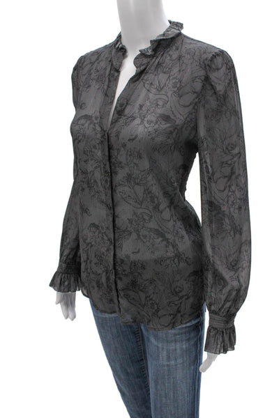 L'Agence Womens Floral Collared Button Long Sleeve Blouse Gray Polyester Size S