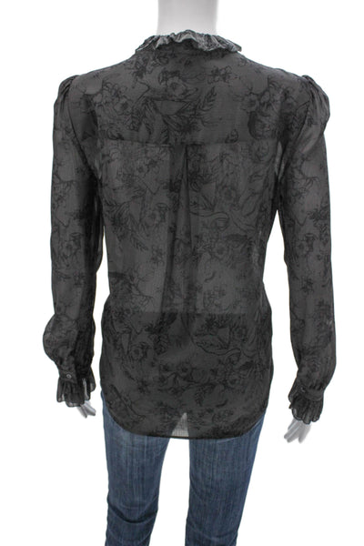 L'Agence Womens Floral Collared Button Long Sleeve Blouse Gray Polyester Size S