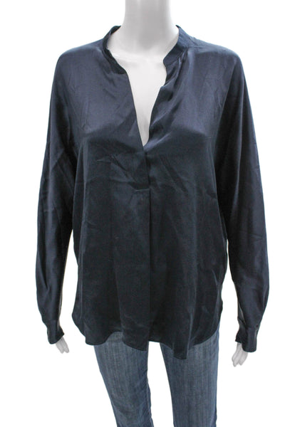 Vince Women Silk V-Neck Long Sleeve Blouse Blue Petite Size S