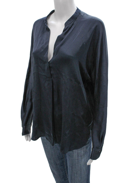 Vince Women Silk V-Neck Long Sleeve Blouse Blue Petite Size S