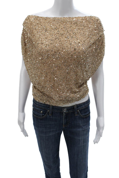 Retrofete Women Gold Boat Neck Sleeveless Nylon Basic Party Blouse Size M
