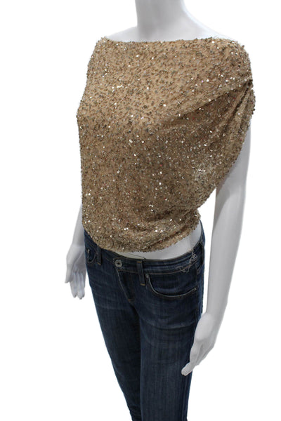 Retrofete Women Gold Boat Neck Sleeveless Nylon Basic Party Blouse Size M