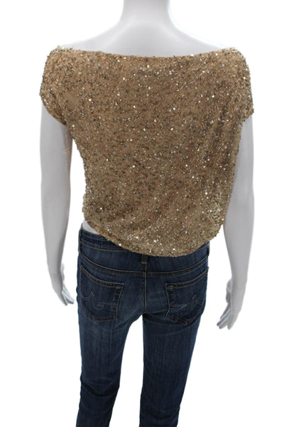 Retrofete Women Gold Boat Neck Sleeveless Nylon Basic Party Blouse Size M