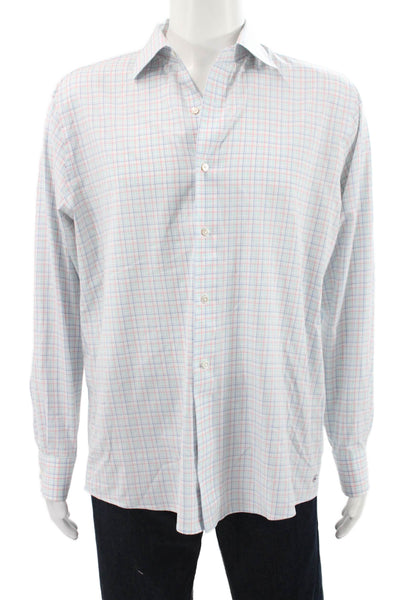 Peter Millar Mens Dress Shirt Red Plaid Polyester Long Sleeve Button Up Size L