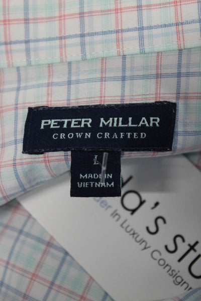 Peter Millar Mens Dress Shirt Red Plaid Polyester Long Sleeve Button Up Size L