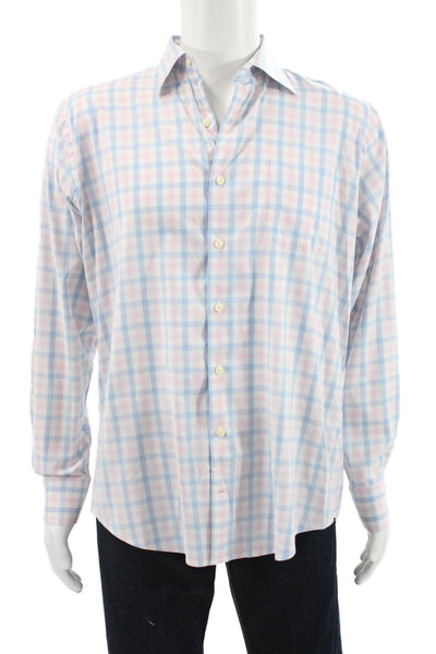 Peter Millar Mens Plaid Cotton Dress Shirt Blue Long Sleeve Button Up Size L