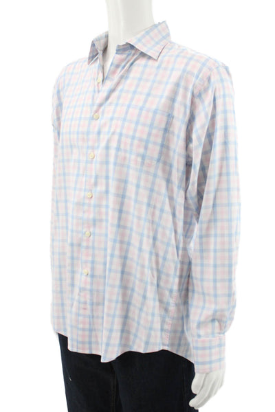 Peter Millar Mens Plaid Cotton Dress Shirt Blue Long Sleeve Button Up Size L