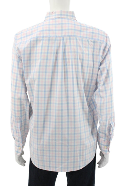 Peter Millar Mens Plaid Cotton Dress Shirt Blue Long Sleeve Button Up Size L
