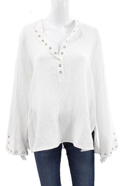 Drew Women Tunic Blouse White Henley Long Sleeve 100% Cotton Button Size L