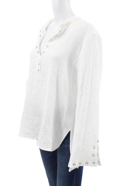 Drew Women Tunic Blouse White Henley Long Sleeve 100% Cotton Button Size L