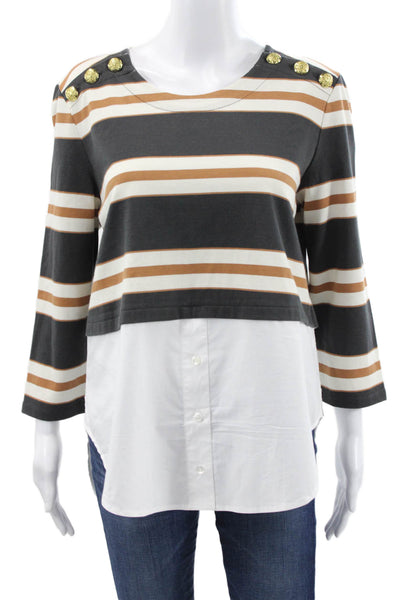 Veronica Beard Women Gray Striped Cotton Tunic Round Neck 3/4 Sleeve Size M