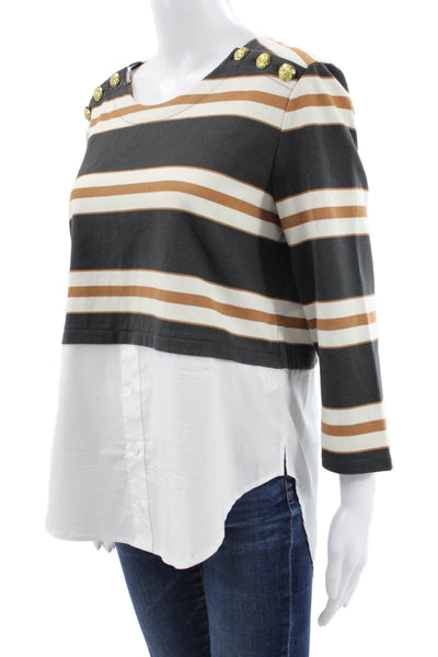 Veronica Beard Women Gray Striped Cotton Tunic Round Neck 3/4 Sleeve Size M