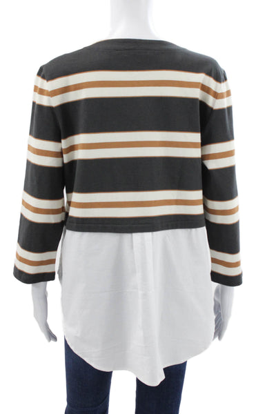 Veronica Beard Women Gray Striped Cotton Tunic Round Neck 3/4 Sleeve Size M