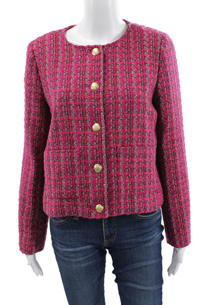 J Crew Womens Basic Jacket Pink Check Button Long Sleeve Polyester Size 8