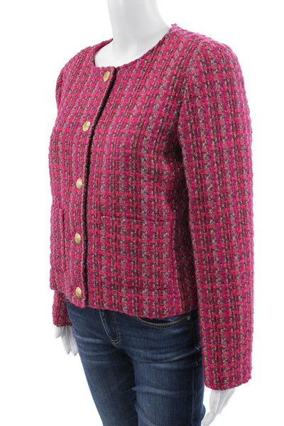 J Crew Womens Basic Jacket Pink Check Button Long Sleeve Polyester Size 8