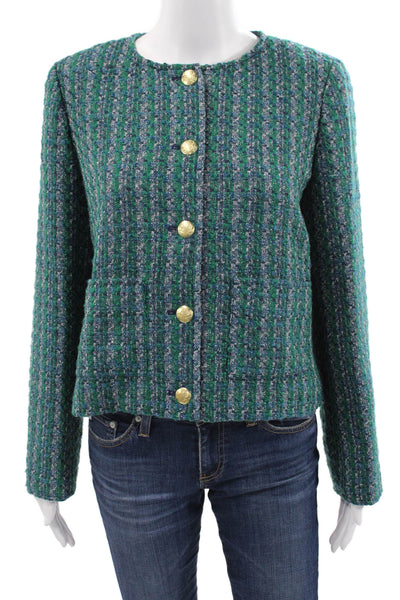 J Crew Women Green Striped Polyester Basic Jacket Button Long Sleeve Size 10