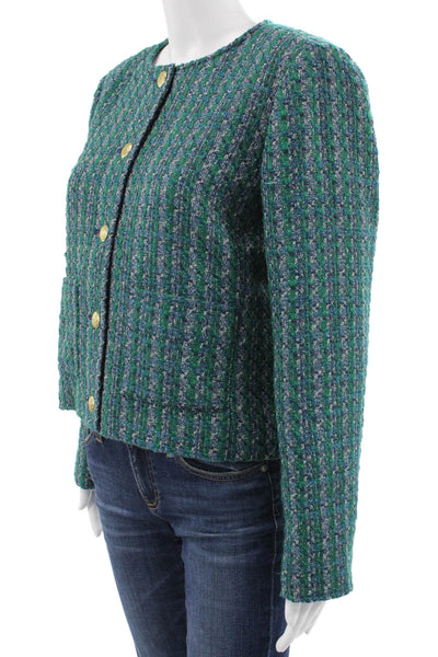 J Crew Women Green Striped Polyester Basic Jacket Button Long Sleeve Size 10