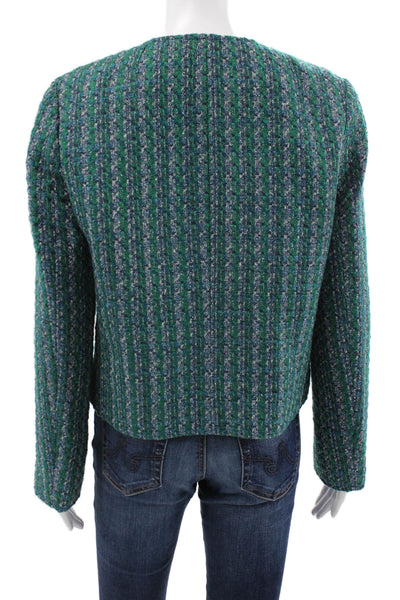 J Crew Women Green Striped Polyester Basic Jacket Button Long Sleeve Size 10