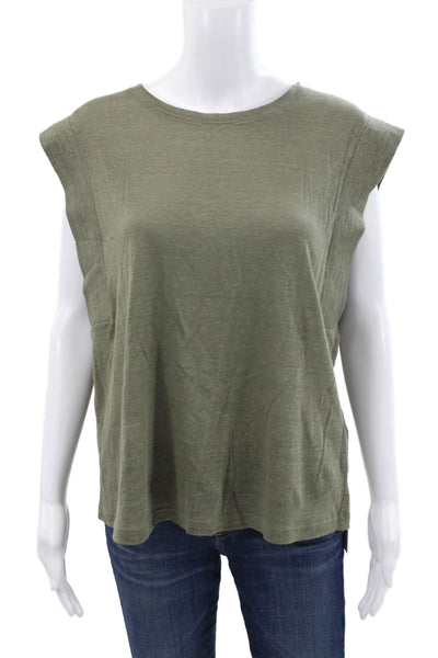 Banana Republic Women Green Linen Basic T-Shirt Round Neck Short Sleeve Size L