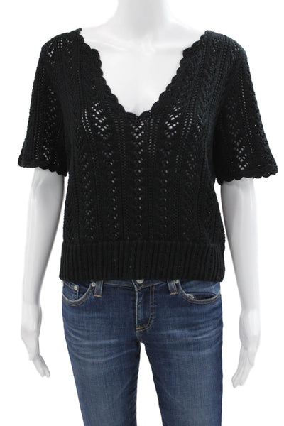 ANR+ Women Pullover Sweater V Neck Short Sleeve Black 100% Cotton Size L