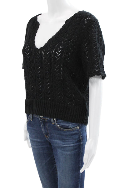 ANR+ Women Pullover Sweater V Neck Short Sleeve Black 100% Cotton Size L