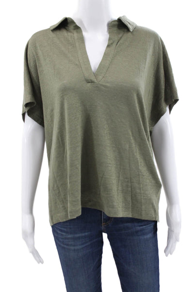 Banana Republic Women Linen V Neck Short Sleeve Blouse Green Size L
