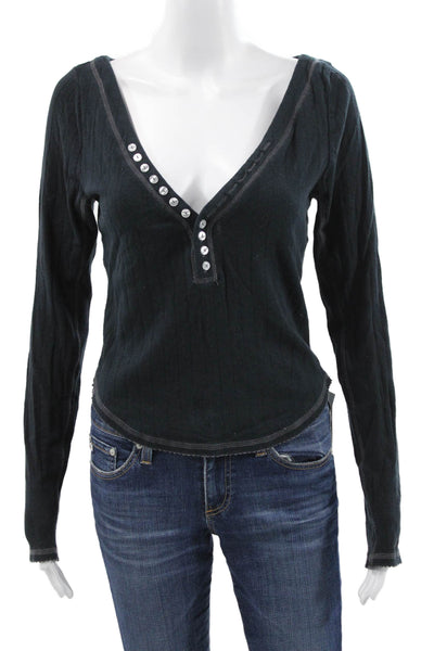 Intimately Free People Womens Basic Henley T-Shirt Black Long Sleeve Size M