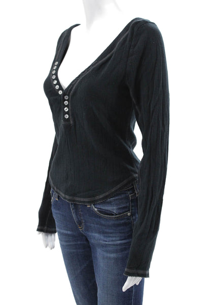 Intimately Free People Womens Basic Henley T-Shirt Black Long Sleeve Size M