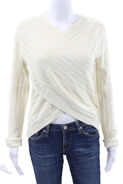Theory Womens Ivory V-Neck Striped Pullover Sweater Long Sleeve Viscose Size L