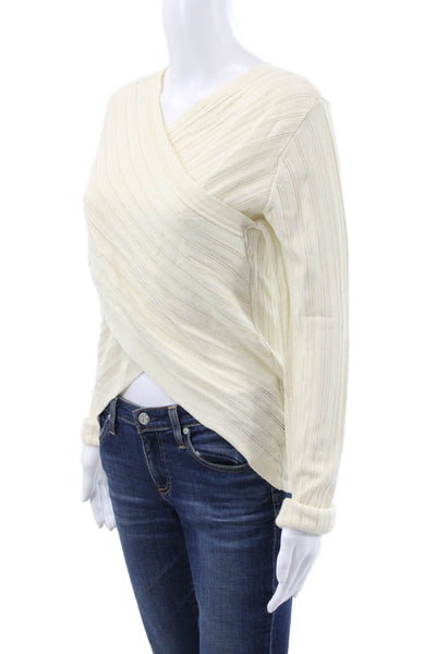 Theory Womens Ivory V-Neck Striped Pullover Sweater Long Sleeve Viscose Size L
