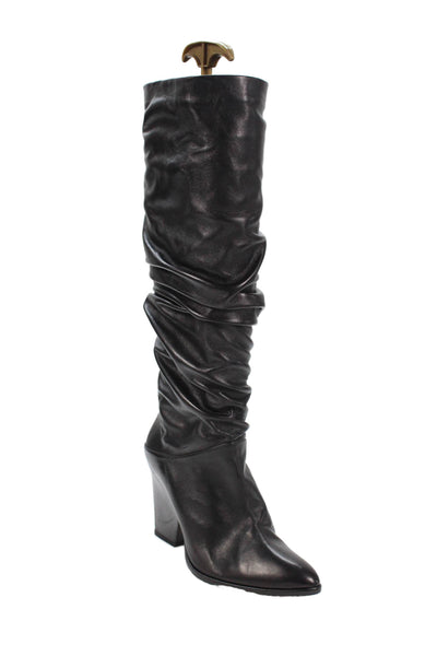 Stuart Weitzman Womens Leather Ruched Mid-Calf Boots Black Size 8M