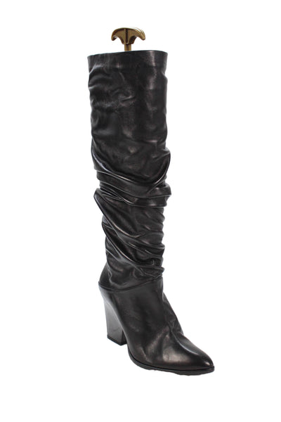 Stuart Weitzman Womens Leather Ruched Mid-Calf Boots Black Size 8M