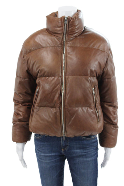 LaMarque Women Leather Puffer Jacket Brown Zip Long Sleeve Size 2XS