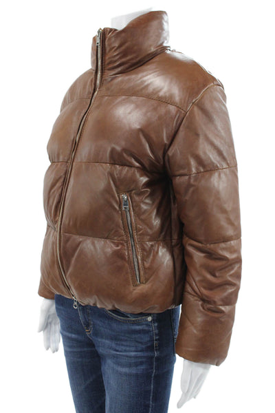 LaMarque Women Leather Puffer Jacket Brown Zip Long Sleeve Size 2XS