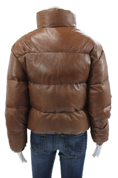 LaMarque Women Leather Puffer Jacket Brown Zip Long Sleeve Size 2XS