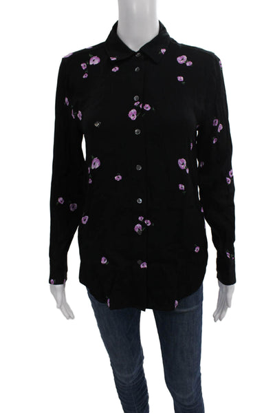 Equipment Femme Womens Black Floral Collared Button-Up Top Long Sleeve Size XS