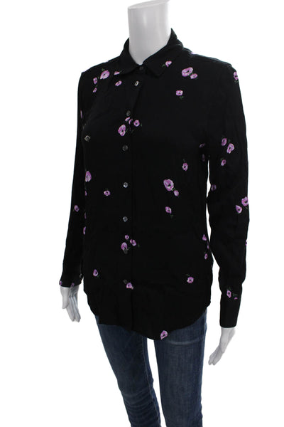 Equipment Femme Womens Black Floral Collared Button-Up Top Long Sleeve Size XS