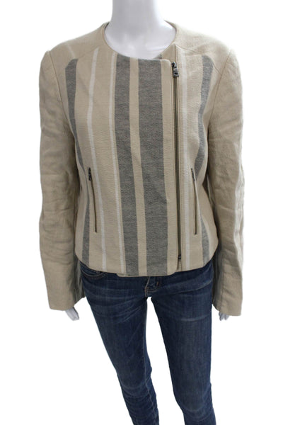 BCBGMAXAZRIA Women Striped Beige Cotton Motorcycle Jacket Zip Size L