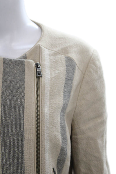 BCBGMAXAZRIA Women Striped Beige Cotton Motorcycle Jacket Zip Size L