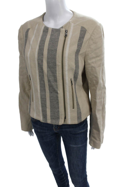 BCBGMAXAZRIA Women Striped Beige Cotton Motorcycle Jacket Zip Size L