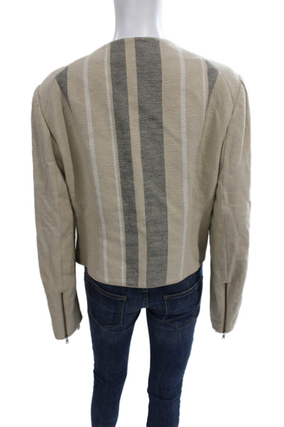 BCBGMAXAZRIA Women Striped Beige Cotton Motorcycle Jacket Zip Size L