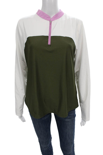 Belyn Key Womens Pullover Casual White Mock Neck Colorblock Zip Size L