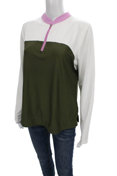 Belyn Key Womens Pullover Casual White Mock Neck Colorblock Zip Size L