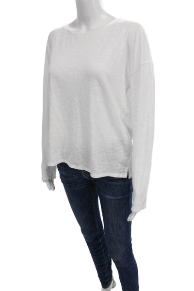 Athleta Women Basic White Long Sleeve T Shirt Cotton Blend Round Neck Size L