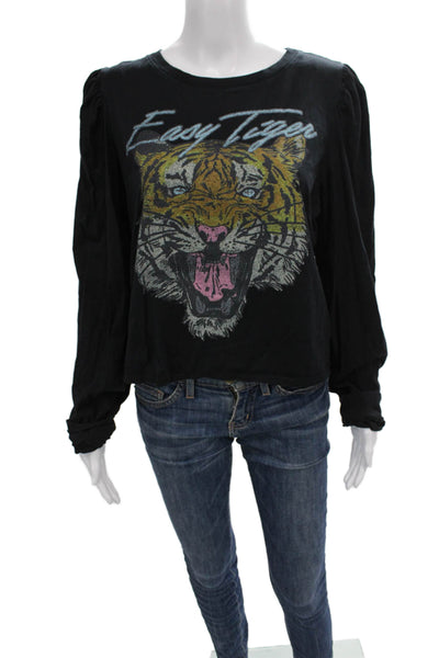 Recycled Karma Women Basic Black Cotton Animal Print Long Sleeve T-Shirt Size M